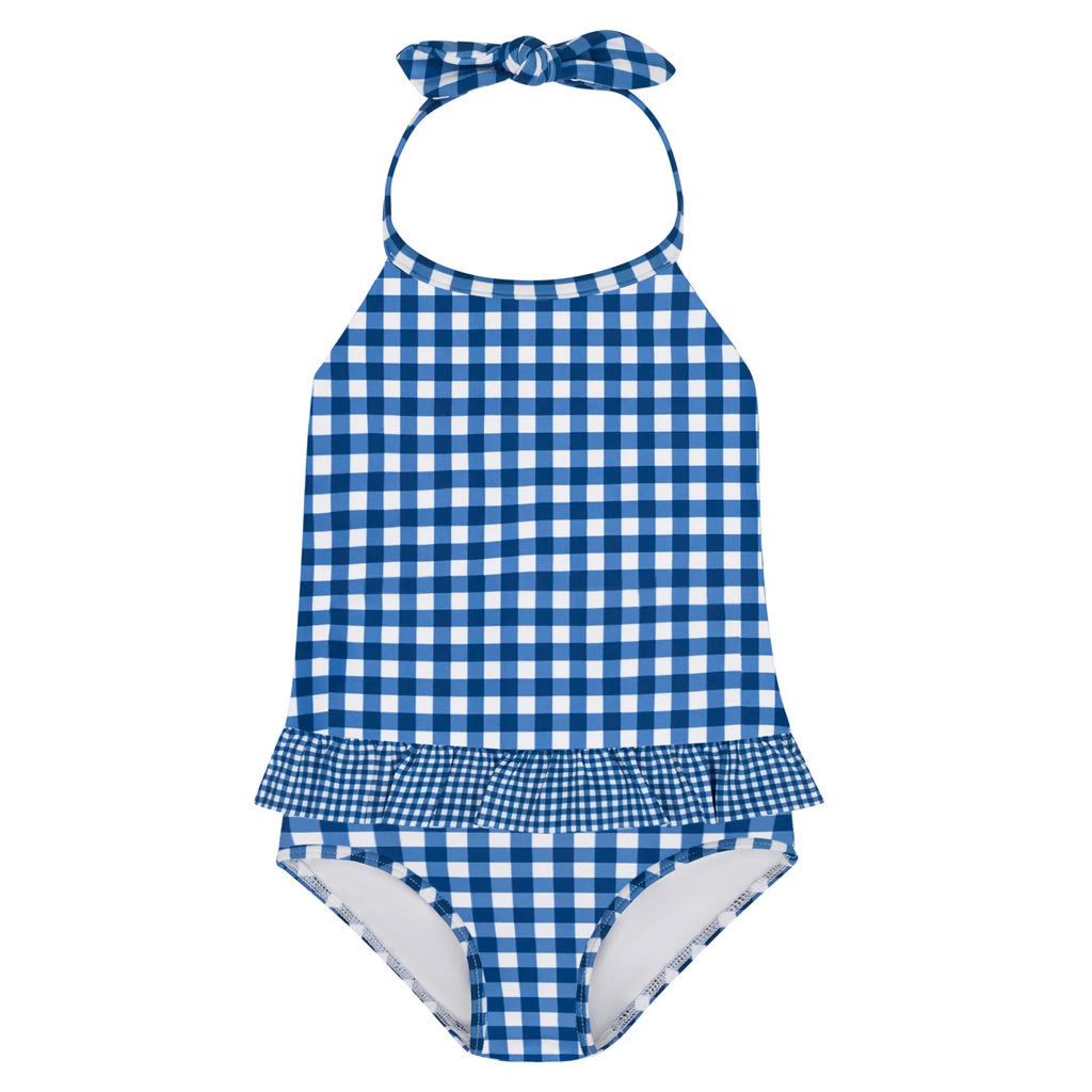 girls navy gingham ruffle halter one piece