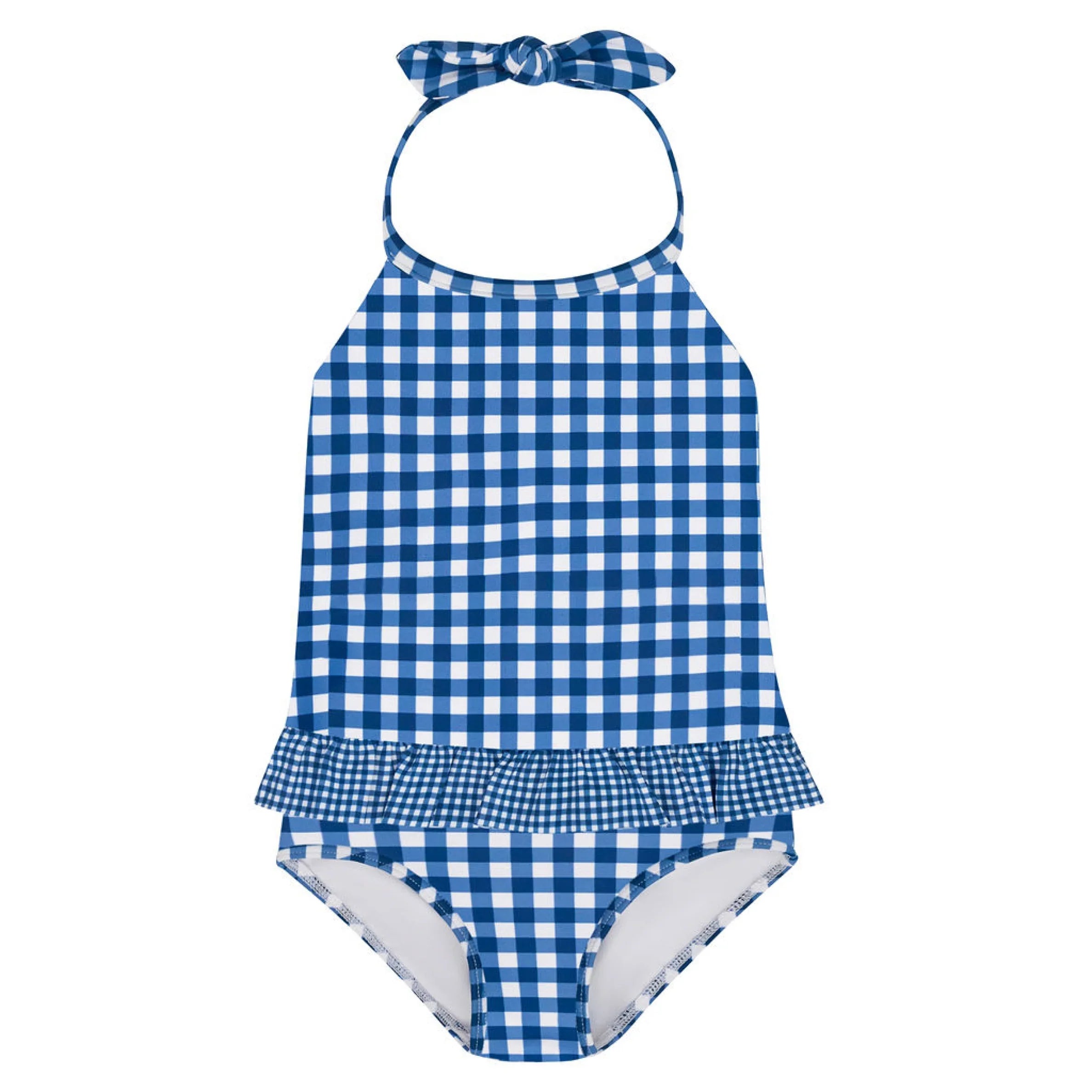 girls navy gingham ruffle halter one piece
