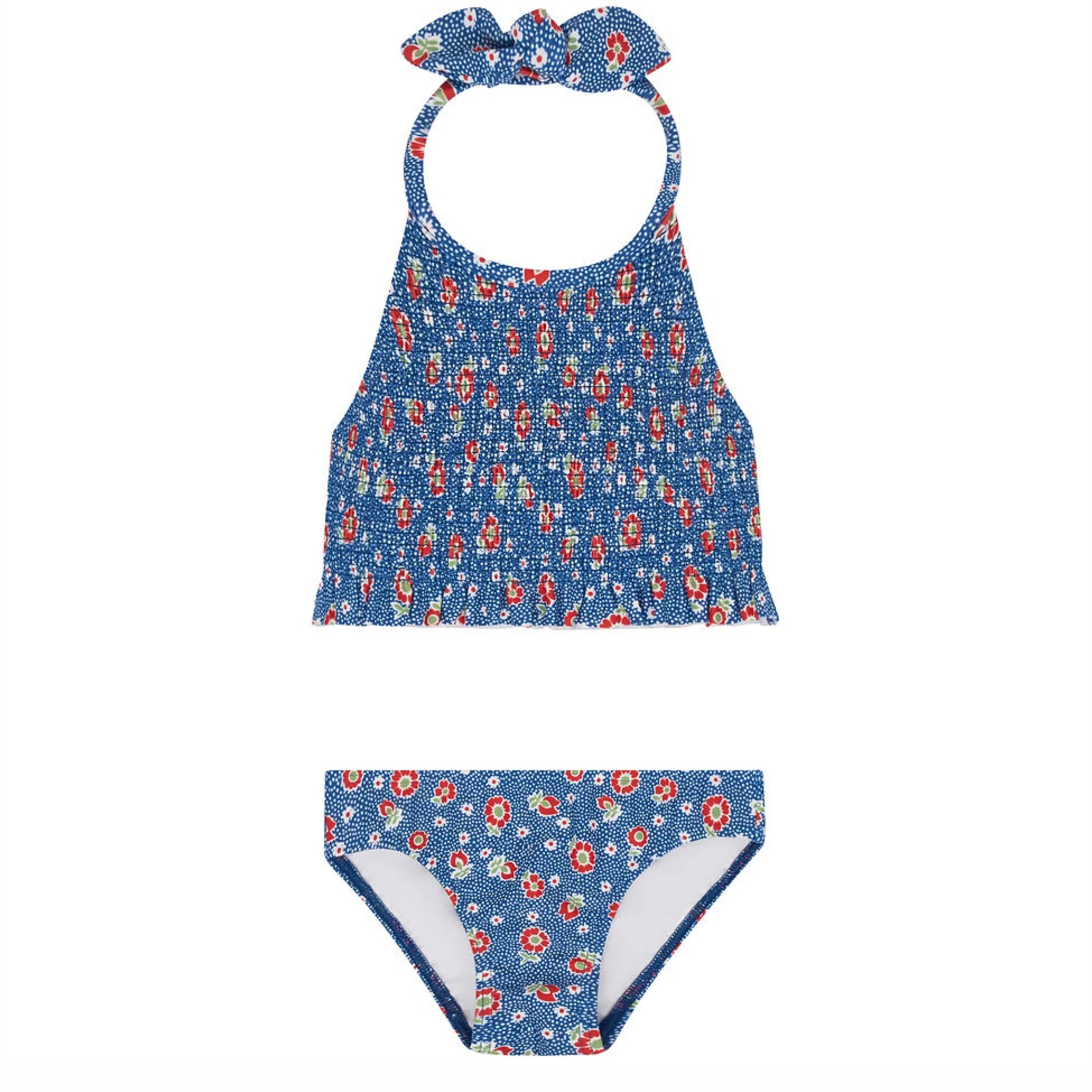 girls navy floral smocked halter bikini